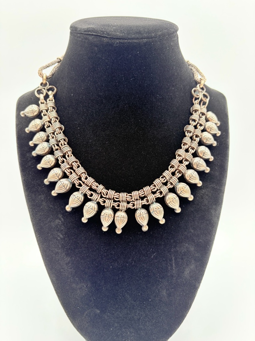 Antique Silver Tone Fringe Bib Necklace Boho Festival Statement Jewelry